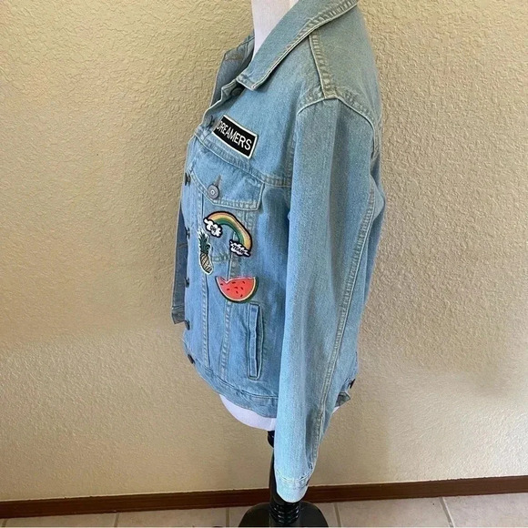 Bershka Denim Jean Jacket Vintage Inspired Style Patches Cactus Watermelon: XS - Picture 7 of 12